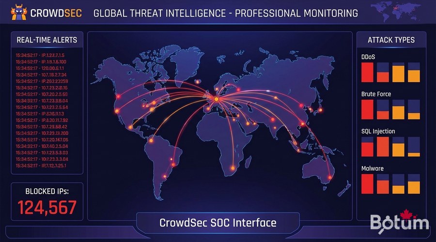 Dashboard CrowdSec interface web alertes sécurité carte monde attaques origines