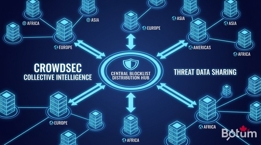 Schéma architecture CrowdSec intelligence collective partage blocklists communauté mondiale