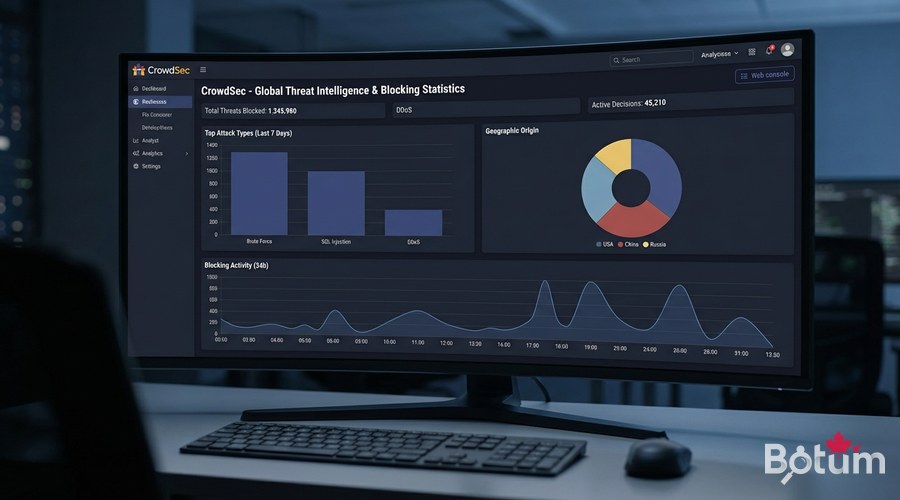 Interface web CrowdSec console graphiques statistiques blocages par pays et type attaque