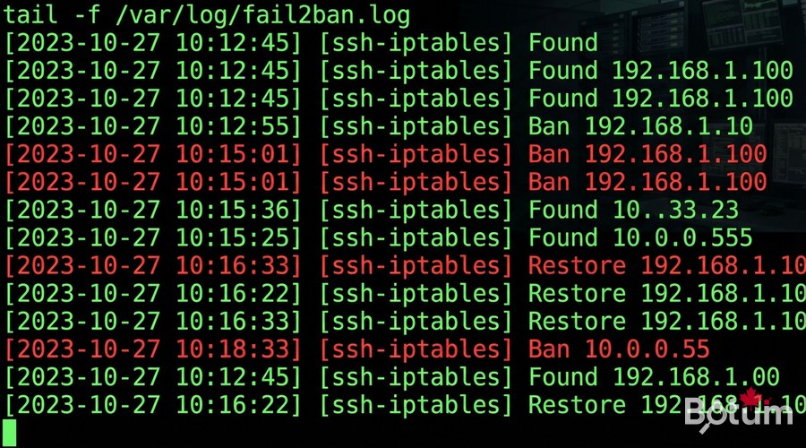 Linux terminal fail2ban logs banned IPs red security alerts SSH brute force