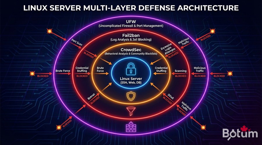 Multi-layer security architecture fail2ban CrowdSec UFW firewall Linux server