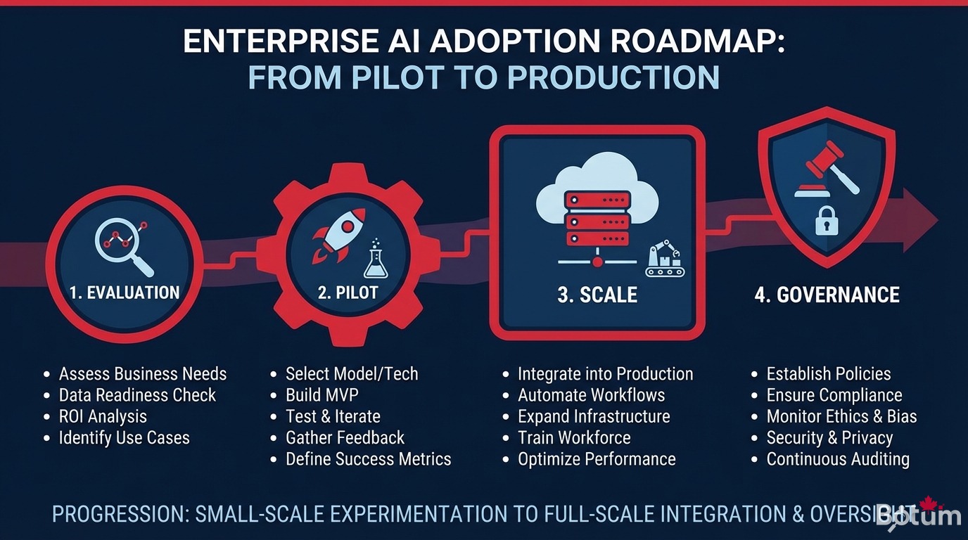 Enterprise AI adoption roadmap — Evaluation Pilot Scale Governance phases