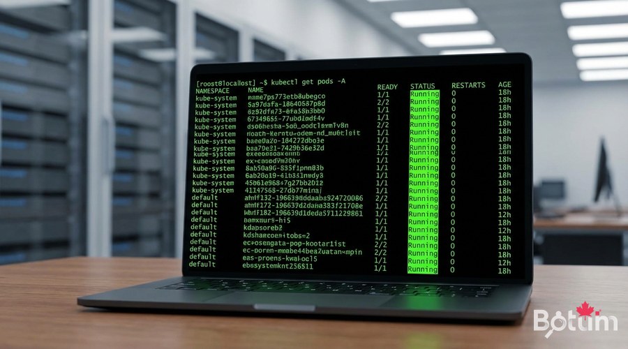 Terminal kubectl get pods déploiements kubernetes running vert statut cluster santé