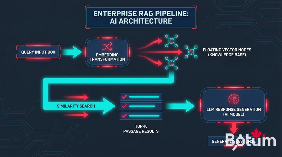 RAG pipeline: query → embedding → vector search → context → LLM