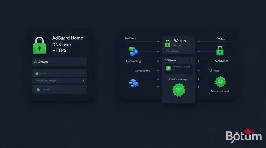 BOTUM stack secured with TLS - AdGuard DoH Grafana Wazuh OPNsense
