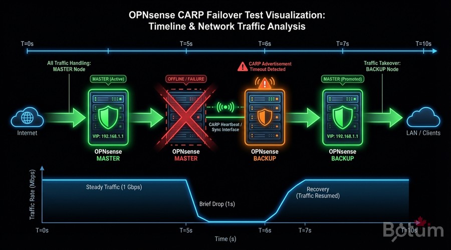 Test basculement CARP OPNsense failover timeline trafic