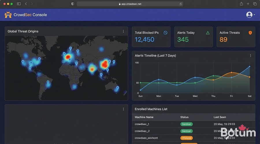 CrowdSec console app.crowdsec.net — security dashboard with threat map and alerts