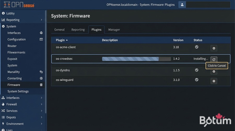Installing os-crowdsec plugin in OPNsense — plugin manager interface