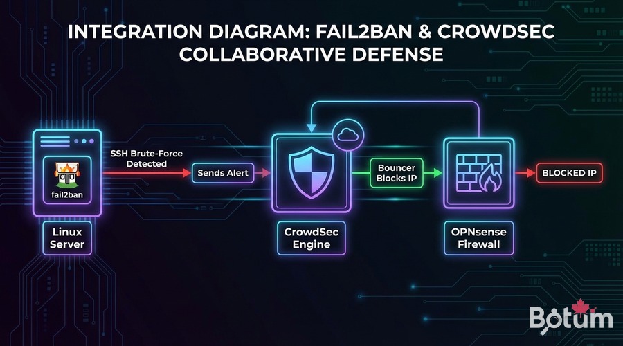 fail2ban to CrowdSec integration — malicious IP reporting flow to OPNsense bouncer