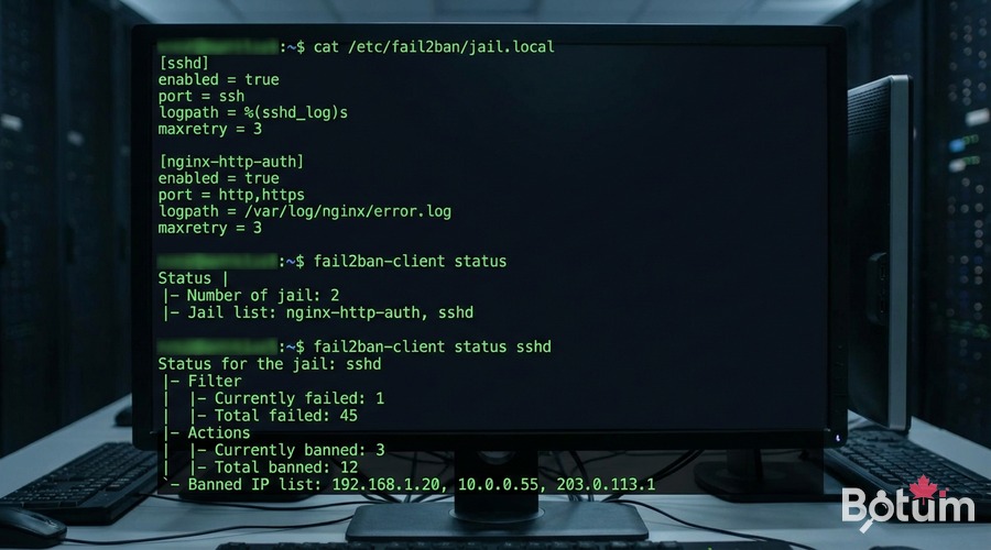 fail2ban SSH and Nginx jail configuration — Linux sysadmin terminal