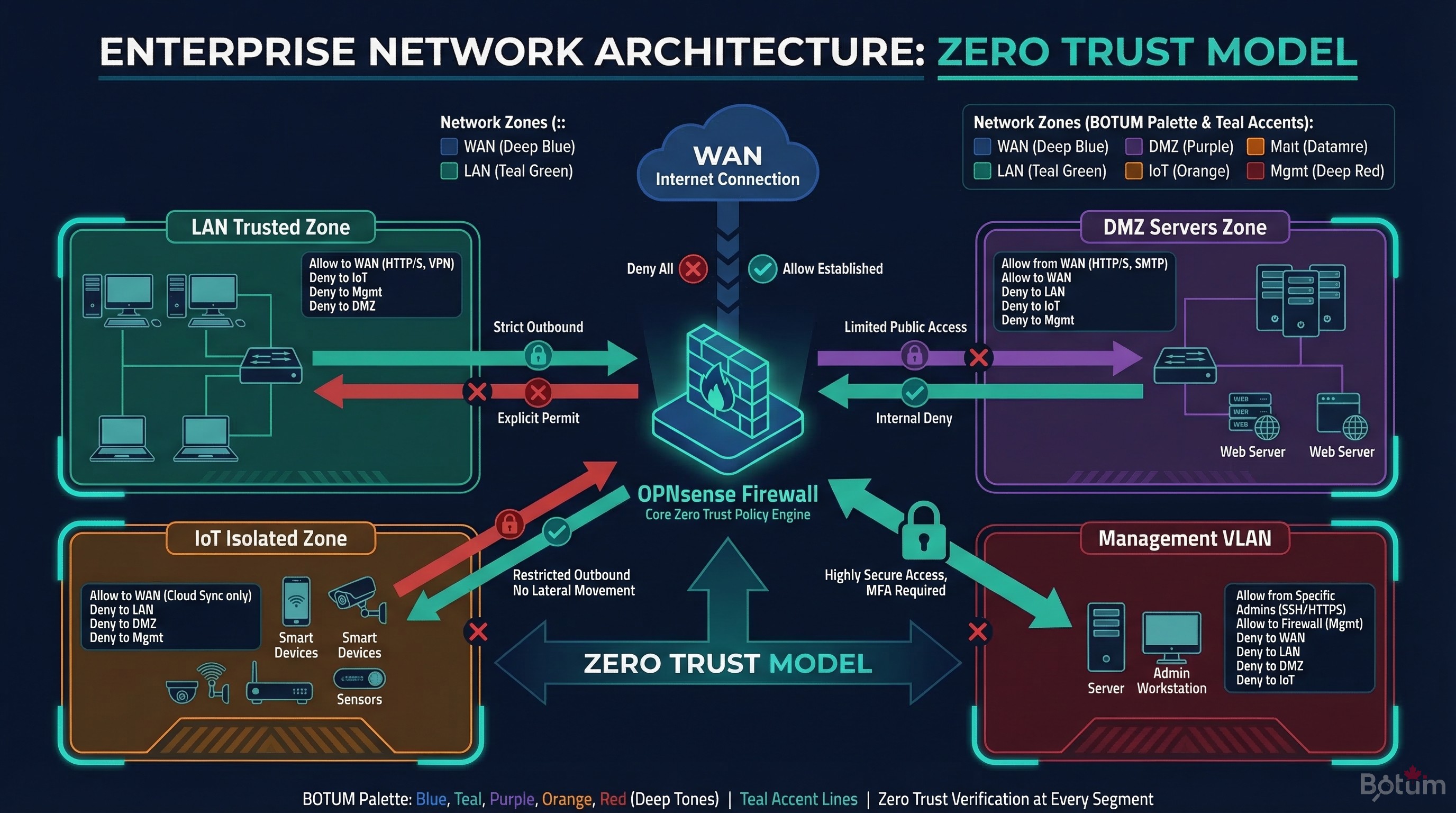 OPNsense network architecture — zones, VLANs, DMZ
