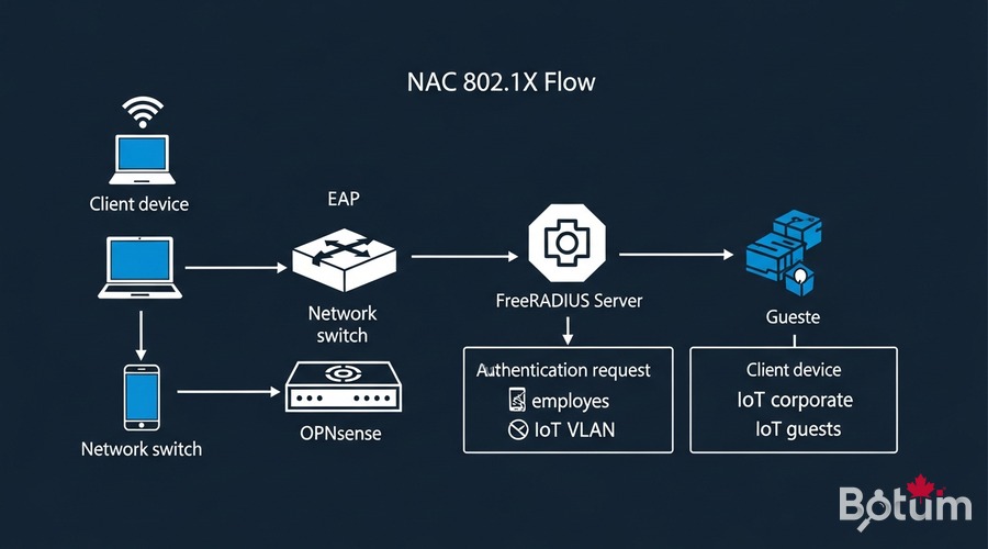 NAC 802.1X architecture with FreeRADIUS on OPNsense — EAP authentication flow and dynamic VLAN assignment