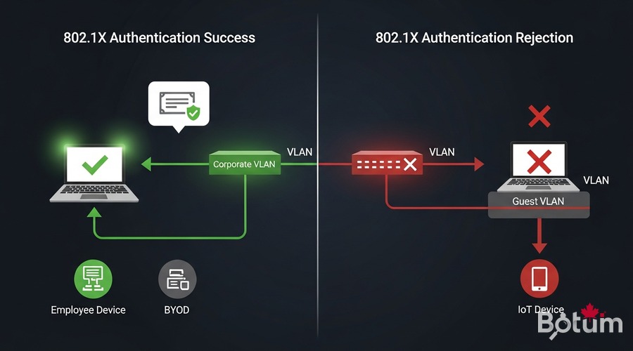 NAC 802.1X test: authorized device (Employees VLAN) vs rejected device (quarantine) — BYOD and IoT segmentation