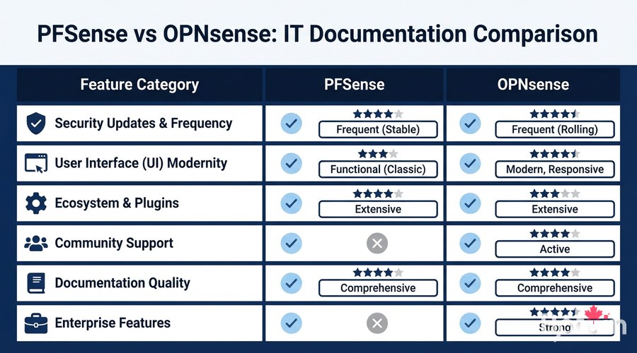 Infographic PFSense vs OPNsense comparison table features security updates modern