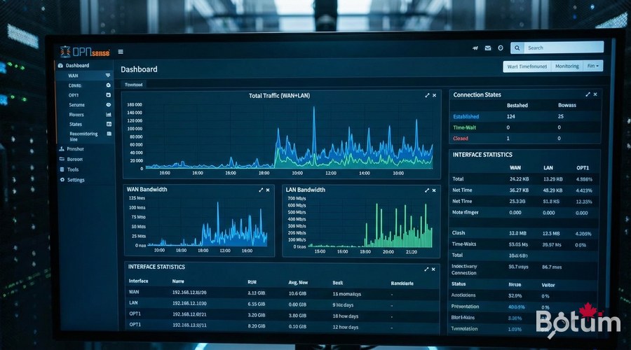 OPNsense dashboard traffic graphs network connections interfaces real-time monitoring