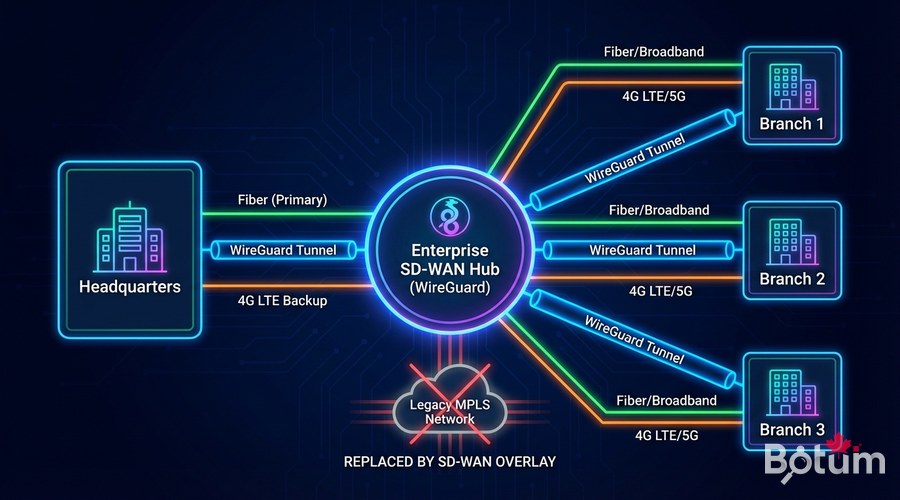 SD-WAN multi-site enterprise architecture diagram MPLS WireGuard links colorful