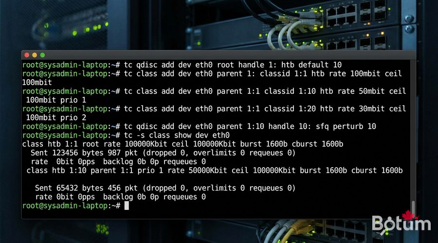 Linux terminal QoS traffic prioritization tc htb commands network shaping
