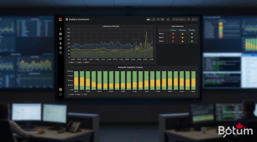 Grafana dashboard SD-WAN monitoring latency bandwidth availability multi-site