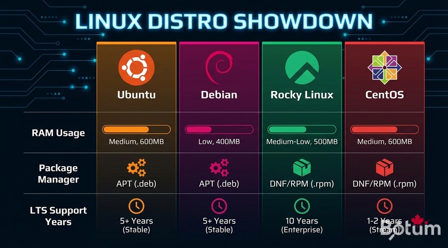 Comparaison Ubuntu Server vs Desktop vs Debian — ressources RAM/CPU