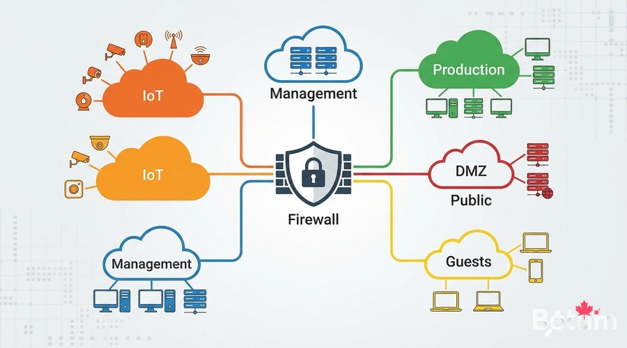 Network diagram colored VLANs IoT Management Production DMZ segmentation enterprise