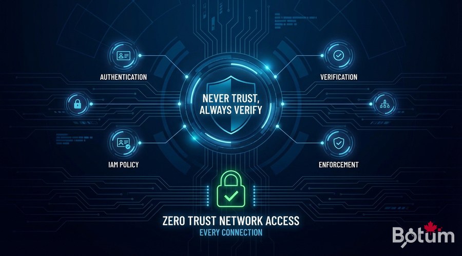 Zero Trust never trust always verify diagram IAM authentication flow network policy