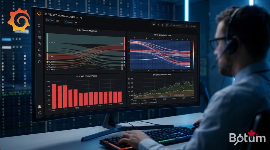 Grafana monitoring dashboard VLANs traffic inter-segments security alerts policy