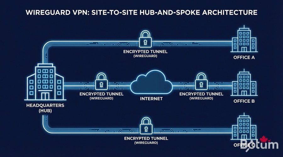 WireGuard site-to-site VPN architecture hub-and-spoke encrypted tunnels network diagram