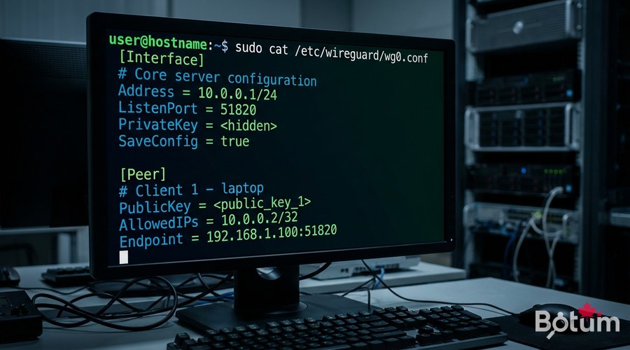 Linux terminal WireGuard wg0.conf configuration file dark background command line